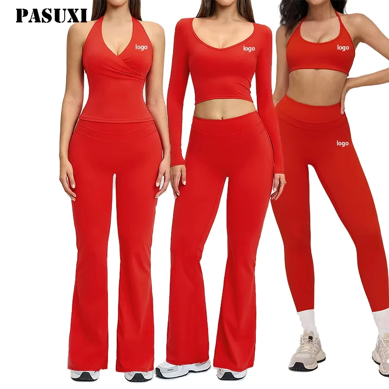PASUXI Solid Backless High Waist 6-Piece Yoga Suit Set for Women Outdoor Elastic Gym Fitness Wear Full Sleeve Comfort Bodysuit
