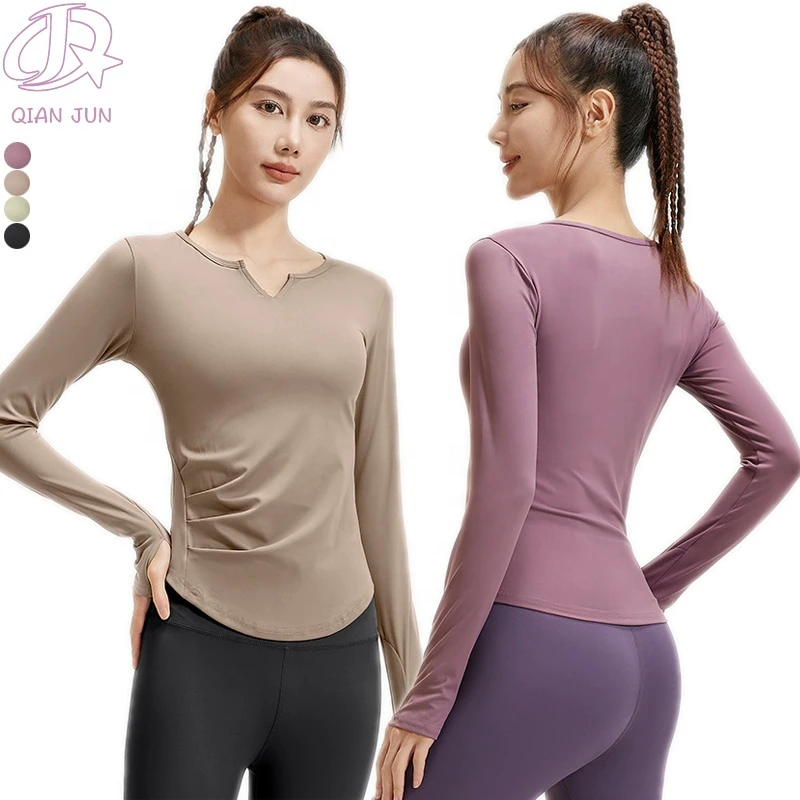 Wholesale V-neck Long Sleeved Yoga Top Seamless Yoga Top With Folded Waist Women's Casual Sports Fitness Long Sleeves