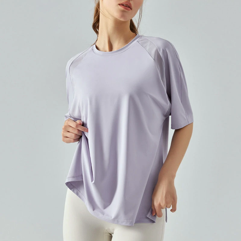 Hot Selling Women's Round Neck Short Sleeve Mesh Splice Yoga Shirts Breathable Fast Dry Side Cut Casual Gym T-Shirt