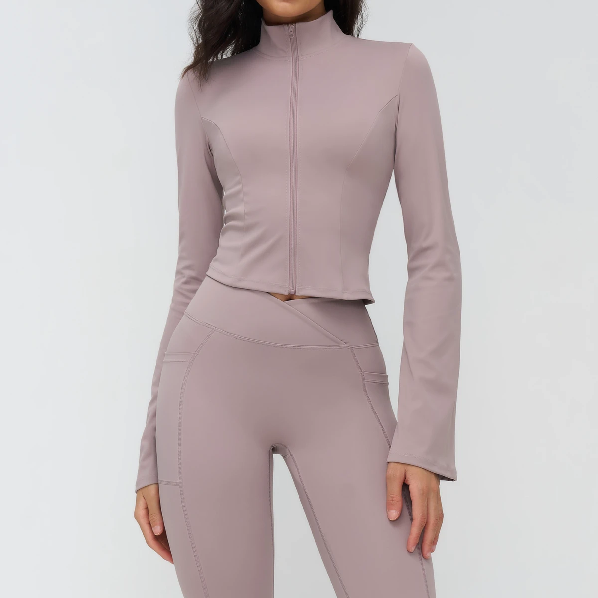 Women's Bare-feel Yoga Jacket Stand-up Collar Zipper Bell Sleeves Spandex/Nylon Sweat-Wicking Tight-Fitting Fashionable Top
