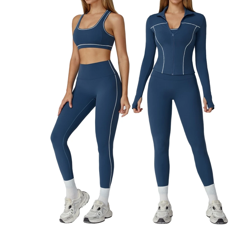 Cross-border Color Contrast Sanding Yoga Set Zipper Slim Bow Collar Fitness Clothing Leisure Running Sports Three-piece Knee