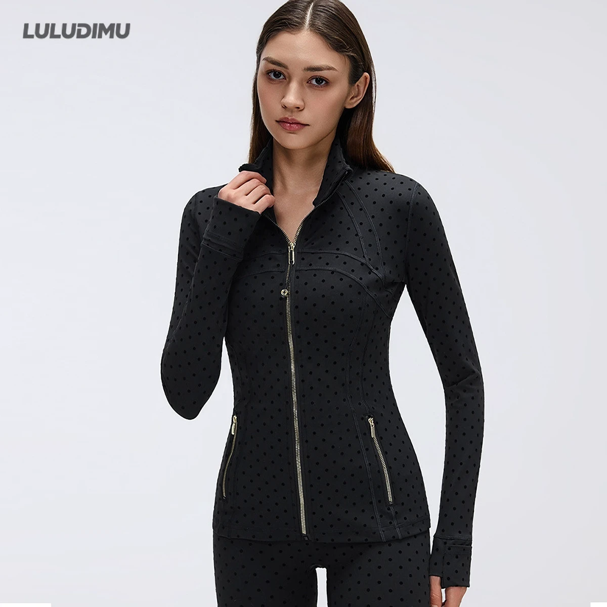 Women's Gym Sports Fitness Jacket Stand Collar Gold Zipper Slim Fit Breathable Four-Way Stretch Quick Dry Workout Top Full