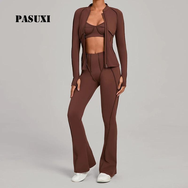 PASUXI Women's Seamless Solid 3 Piece Yoga Set High Waisted Butt Lifting Leggings Long Sleeve Crop Top Jacket Four-Way Stretch