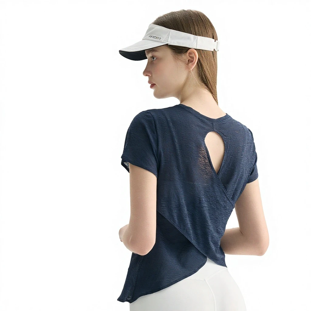 100% Polyester Breathable Yoga T-Shirt Hollowed-Out Beautiful-Back Sports Top Women's Yoga Wear Round-Neck Fitness