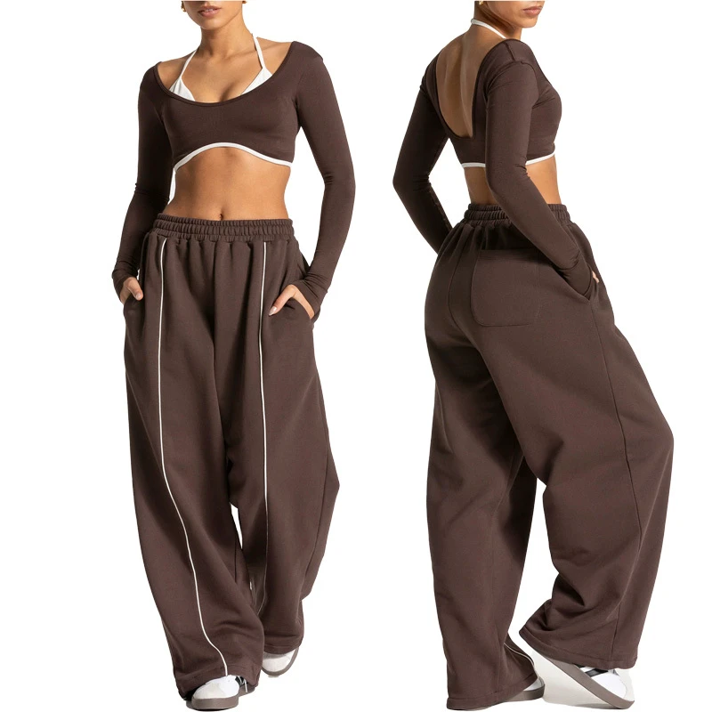 Wholesale Stylish Women Loose Fitness Gym Yoga Pants Straight Wide-leg Sports Pants Comfortable Running Wear