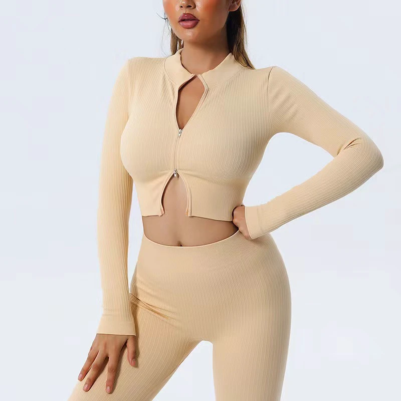 Custom Logo Gym Zip up Long Sleeve Gym Set 6 Piece Fitness Seamless Ribbed Workout Yoga Set for Women