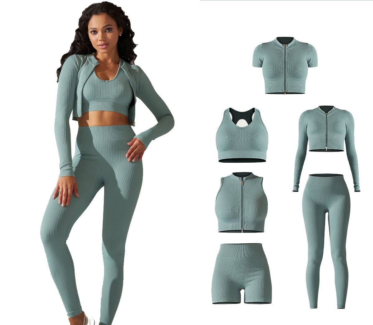 GC Solid Color Running Sports Fitness Clothes Six-piece Set Hip Lifting and Shaping Seamless Zipper Yoga Clothes for Women
