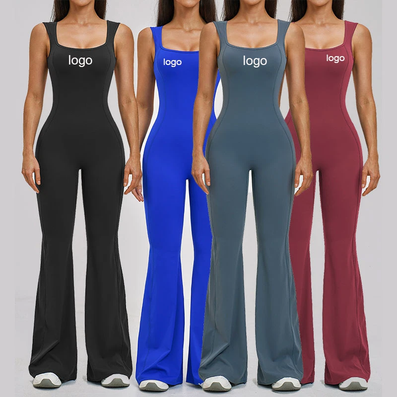 Custom Logo Flare Yoga Bodysuit With Built-in Bra Sculpting One Piece Suit Tummy Control Workout Jumpsuit