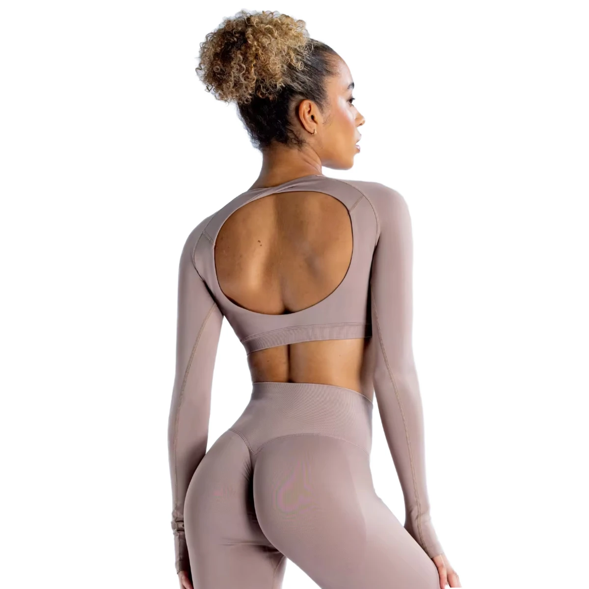 Women Open Back Crew Neck SEAMED Crop Yoga Top Long Sleeve Regular Fit Breathable Quick Dry Front Logo Spandex/Nylon Activewear