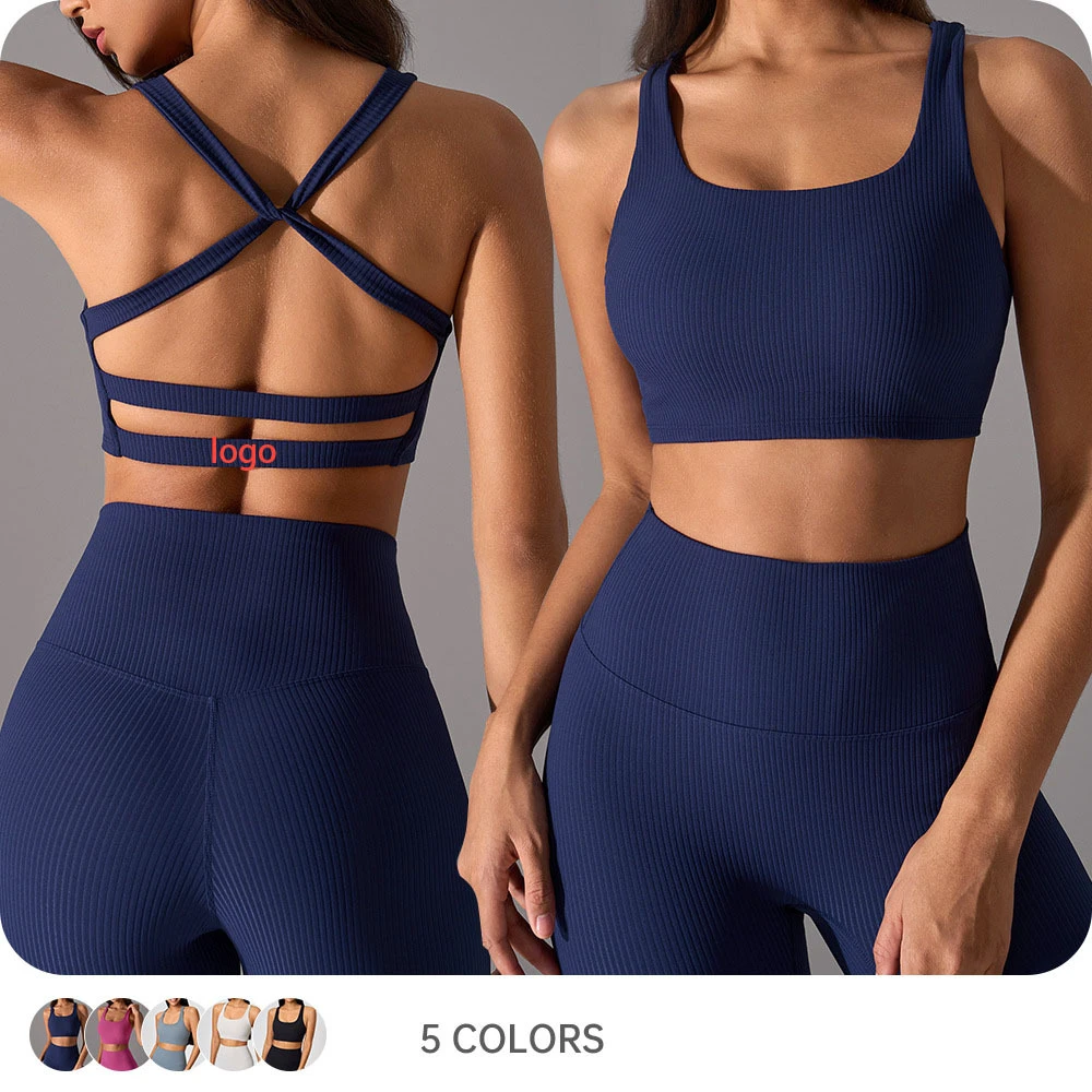 High Support Backless Bra Cross Back Breathable Push up Bra U Neck with Ribbed Sports Bra