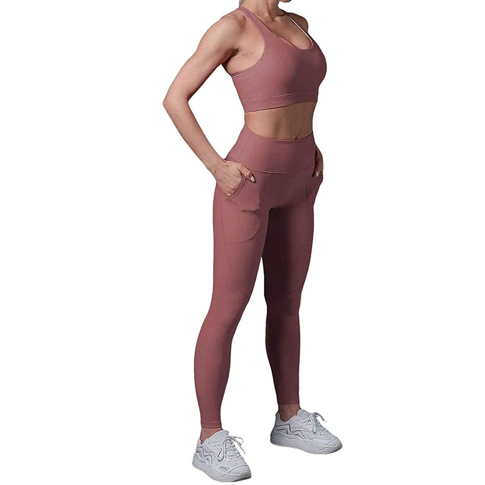 Private Label Women's Solid Yoga Set 2-Piece Sports Gym Wear Breathable Quick Dry Lightweight Elastic Waist Customizable
