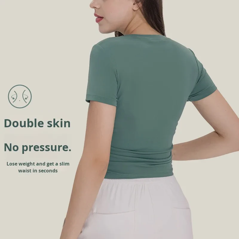 YMIMI Women's Regular Fit Short Sleeve Yoga Sports Top Spandex/Nylon Quick Dry Sweat-Wicking Breathable Solid 230g Front Logo