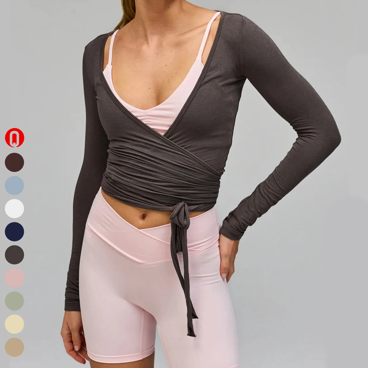 Wholesale Women Clothing Manufacturers Adjustable Straps Sports Shirts Wrap Blouse Women Wrap V Neck Long Sleeve Sports Yoga Top