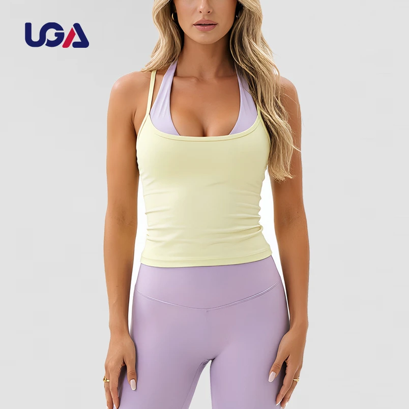 Custom Layered Two Tone Gym Fitness Workout Activewear Women Racerback Tank Halter Top Color Block Leggings Yoga Set
