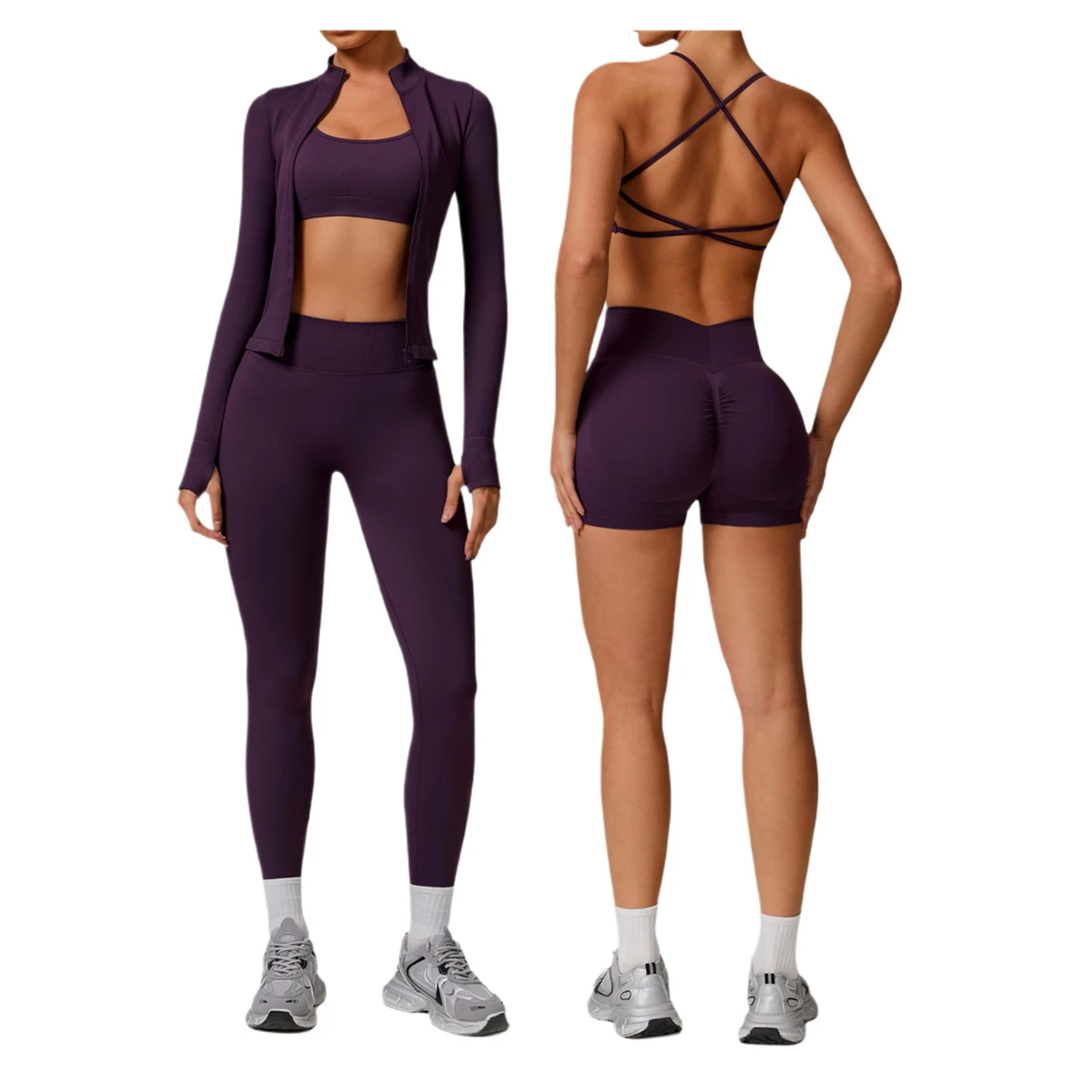 Women 4 Piece Seamless Yoga Set Sports Jacket Cross Back Bra Biker Shorts High Waist Leggings OEM Custom Activewear Set