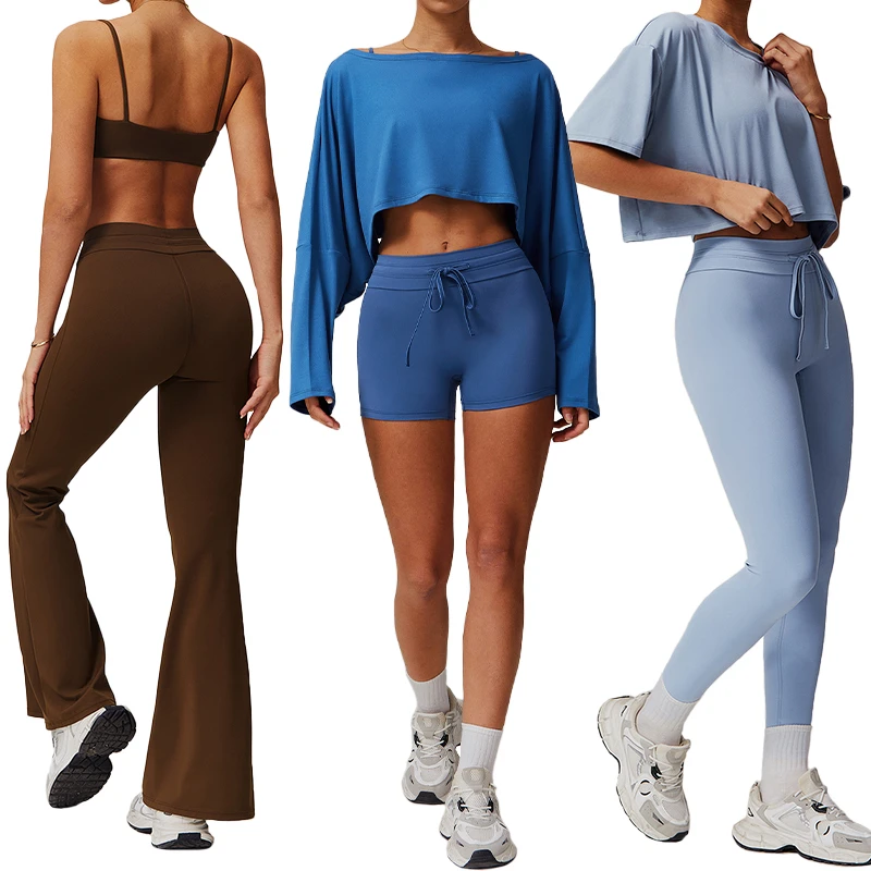 TZ5034 2-Piece Lightweight Yoga Set Long Sleeve Top Drawstring Quick Dry Tummy Control Leggings Fitness for Outdoor Gym Jogging