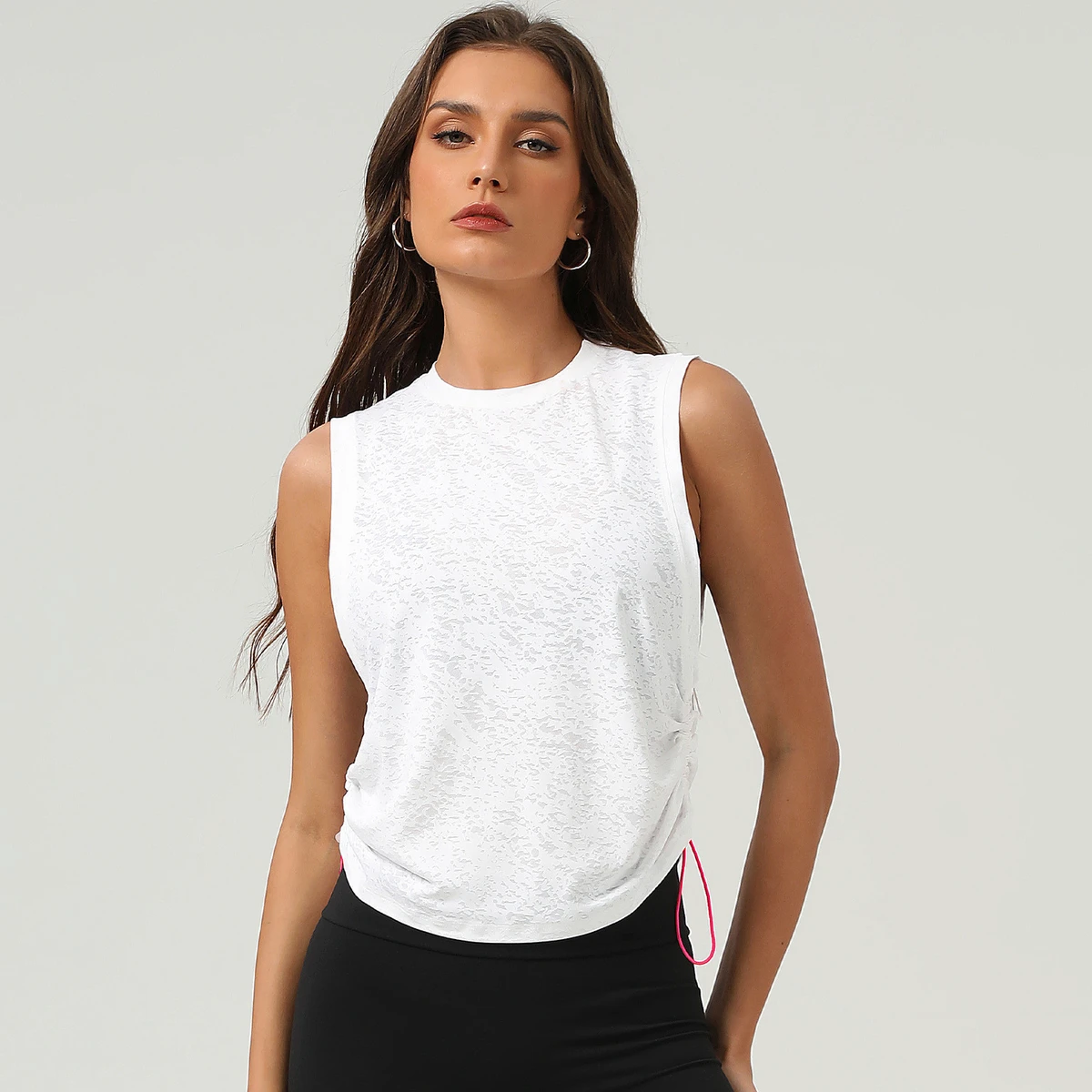 Breathable Yoga Sports Vest Women's Summer Loose Crew Neck Sleeveless Running Fitness Tank Tops Drawstring Jacquard Yoga Tops