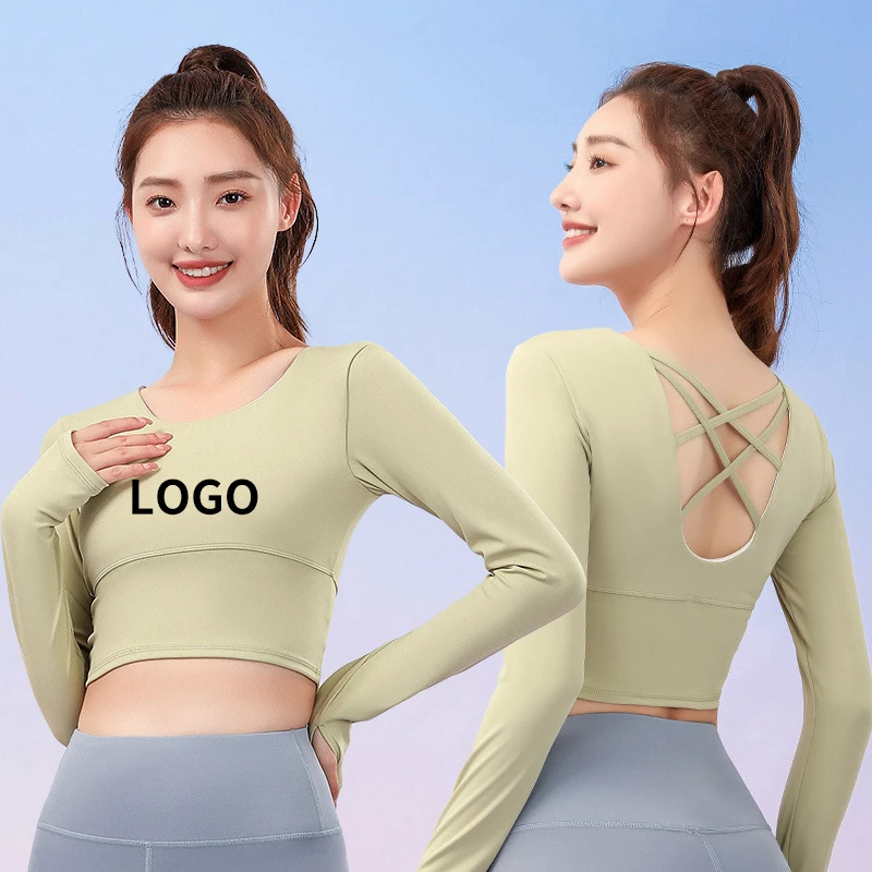 Double-Layer Cross Stretch Mesh Yoga Long Sleeve Athletic Crop Tshirt Woman Gym Long Sleeve Yoga Clothes with Hollowed Back