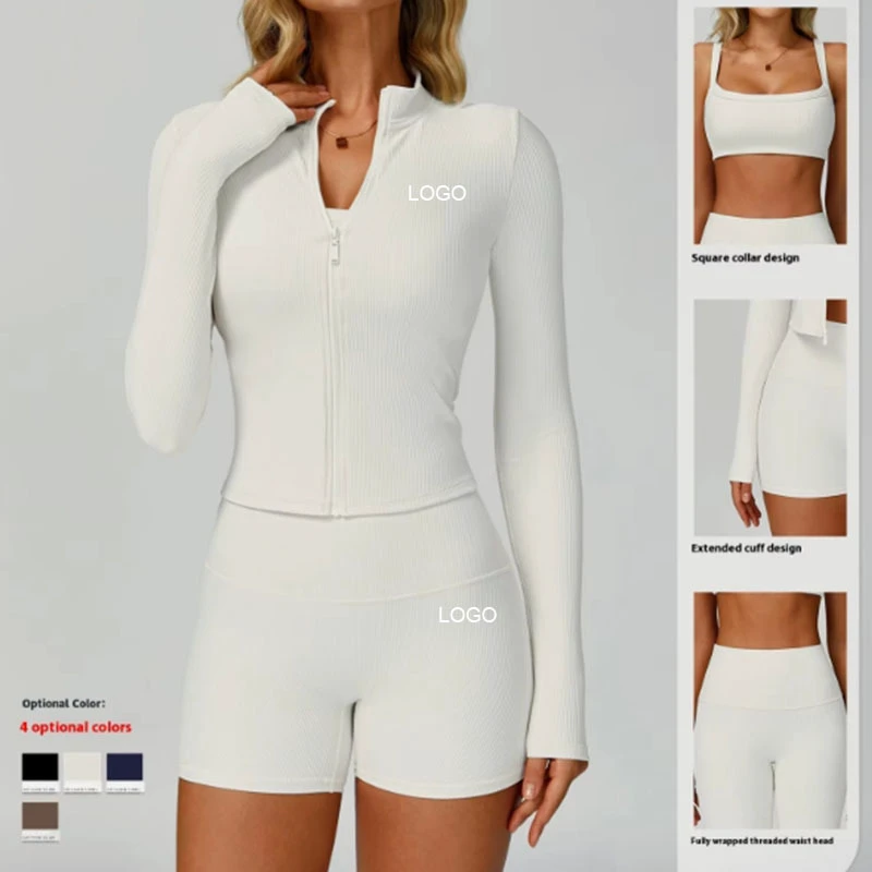 Women's High-Waisted Three-Piece Yoga Sports Set Cross-Border Threaded Tight-Fitting Slimming Look Solid Breathable Lightweight