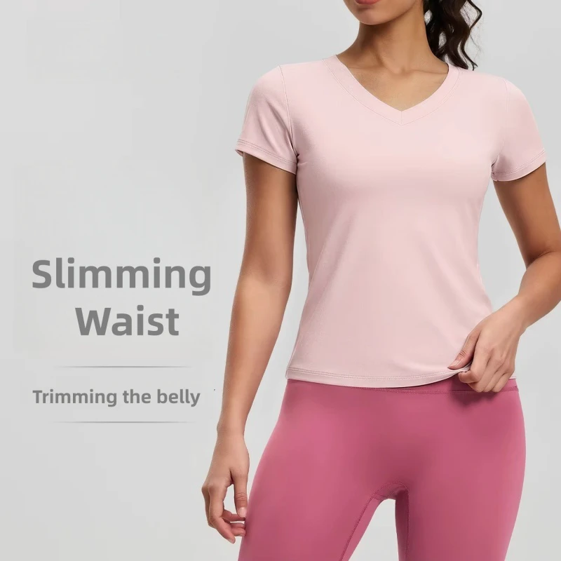 V-neck Short-sleeved Solid Sports Fitness Running Breathable Slim Yoga Top Women