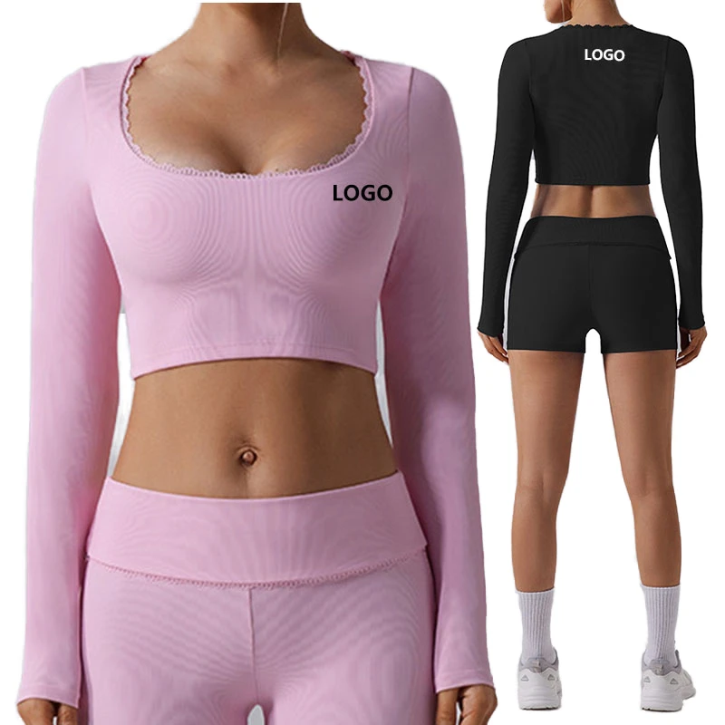 Threaded tight breathable long-sleeved T-shirt yoga clothes running quick-drying tight yoga top fitness sportswear