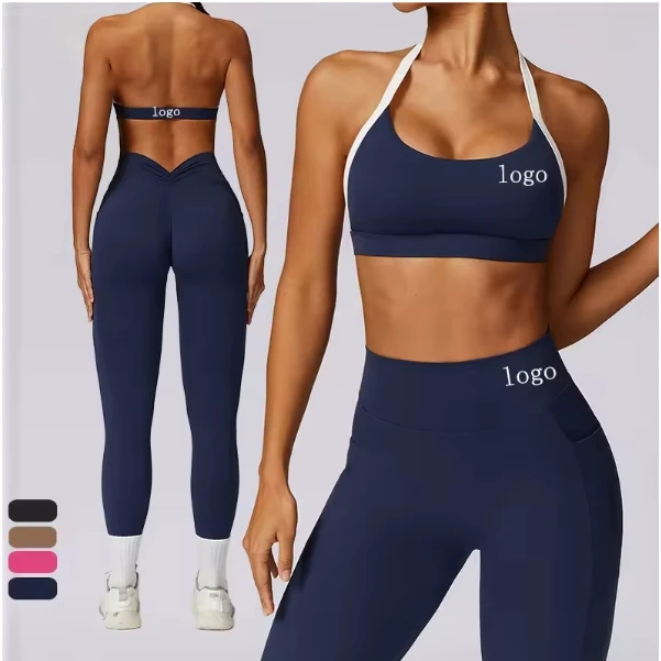 New Design Brushed Yoga Set Workout Shockproof Halter Neck Sports Bra Backless High Waist Leggings With Pocket Gym Fitness Set