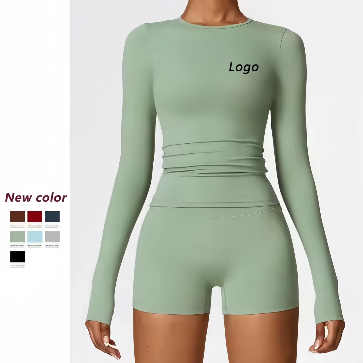 Custom Logo Active Wear Pilates Workout Running Yoga Long Sleeve T-Shirt Women's Gym Fitness Set Blank Bodysuits&Jumpsuits