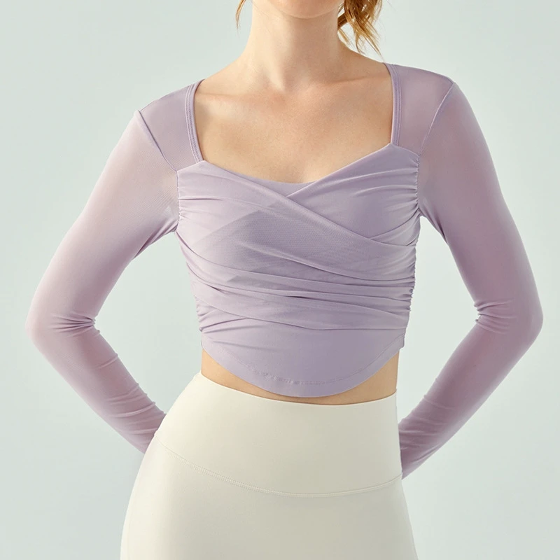 Women's Lightweight Long-Sleeved Yoga Top Quick-Drying Fitness T-Shirt Cross Pleated Design Chest Cushion Hollow Mesh Sports Top