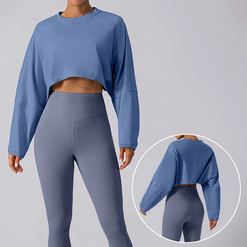 Popular Round Neck Sweatshirt T-shirt Sports Short Top Yoga Running Loose Long-sleeved Top for Women