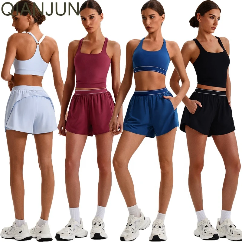 Custom Logo Nude Feeling 3-Piece Yoga Set Women Breathable Running Sports Shorts Fitness Gym Yoga Set