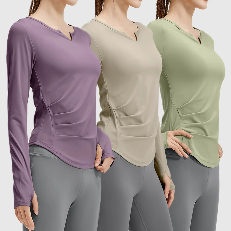 Custom Logo Women's V-neck Lightweight Breathable Curved Soft Workout Running Yoga Top Long Sleeve Gym Wear