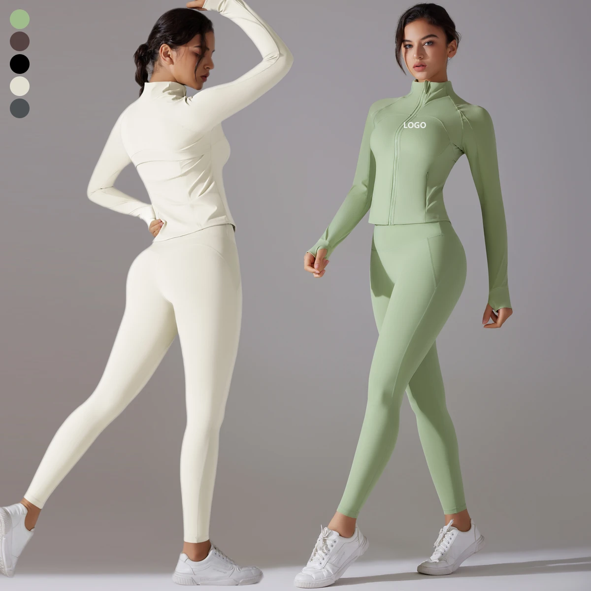 Wholesale Women's Solid Two-Piece Breathable Lightweight Spandex/Nylon Four-Way Stretch Tracksuit Set Long Sleeve Zipper Hoodie
