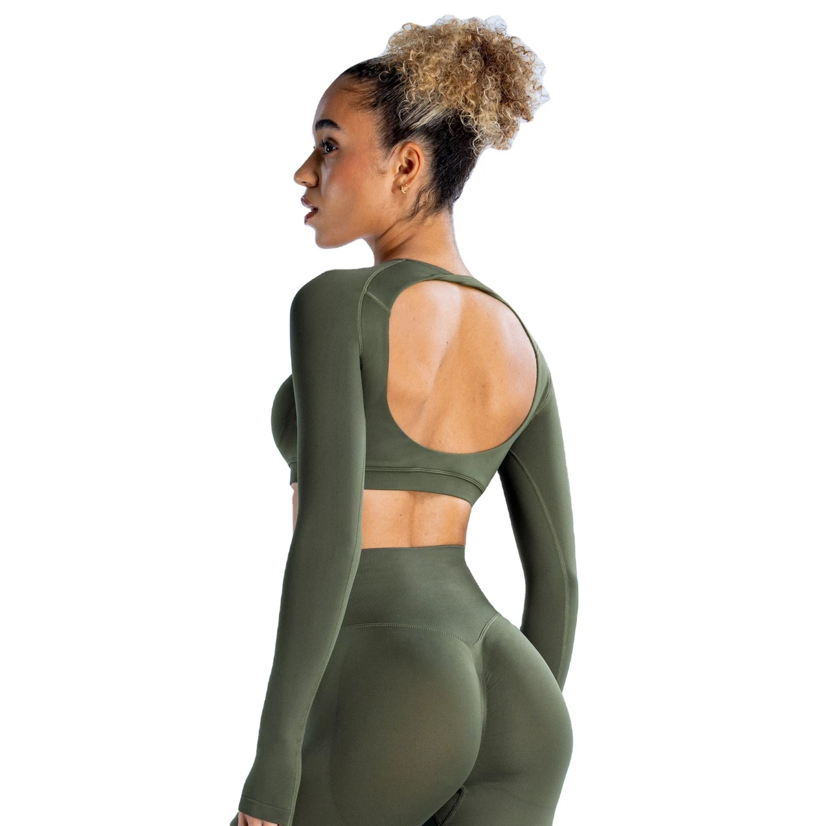Aoyema Women's Round Neck High Waist Top with Open Navel Hollow Back Fitness Jacket Yoga Long Sleeve for Sport Wear