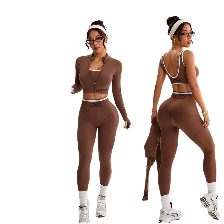 Lulu Custom Solid V-neck Yoga Suit Three-Piece Active Stretch Long Sleeve Cardigan Jacket High Waist Elastic Waist Contrast