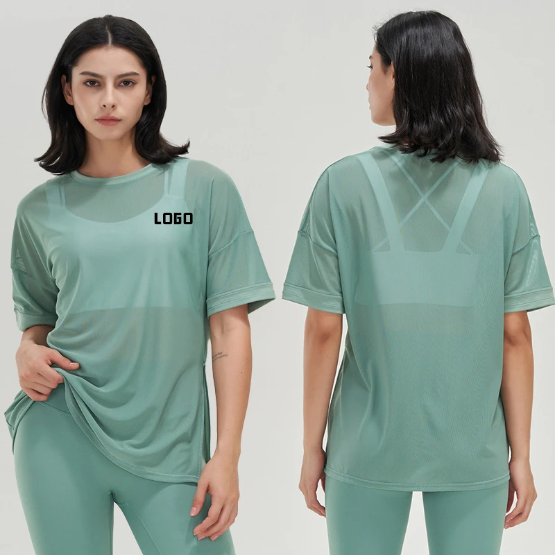 Women's Custom Logo Mesh T-Shirt Lightweight Breathable Short Sleeve Gym Yoga Sports Top Quick Dry Four-Way Stretch Adults