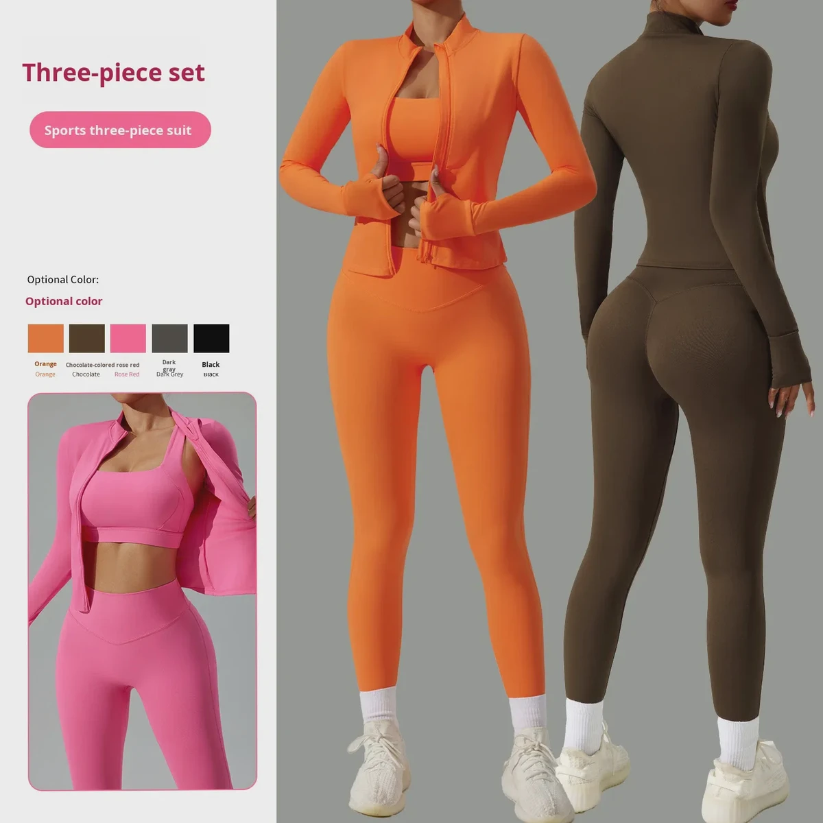 Cross-Border New Solid Front Logo Tight Yoga Suit for Women Cardigan Running Sportswear Three-Piece Set Quick-Dry Fitness Outfit
