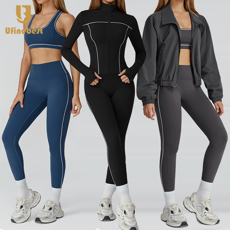 4pcs Athletic Yoga Workout Jackets Outfit Long Sleeve Zip-Up Jacket High Waist Leggings Stretch Front Logo Elastic Waist Sets