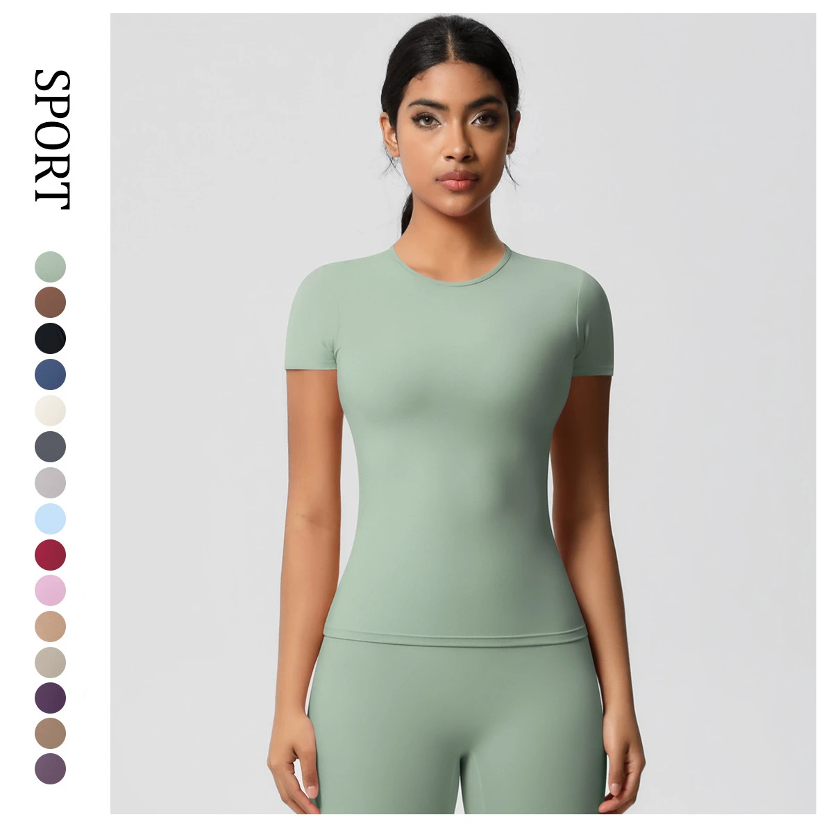 Breathable Women's Naked Sanding Regular Short-Sleeved Spandex/Polyester Crew Neck T-Shirt Outdoor Leisure Running Yoga Fitness