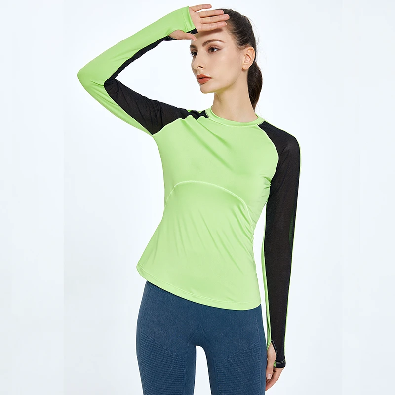YHT Women's Gym Workout Wear Quick Dry Breathable Lightweight Seamless Sports Tights Long Sleeve Yoga Top Two-Tone Four-Way