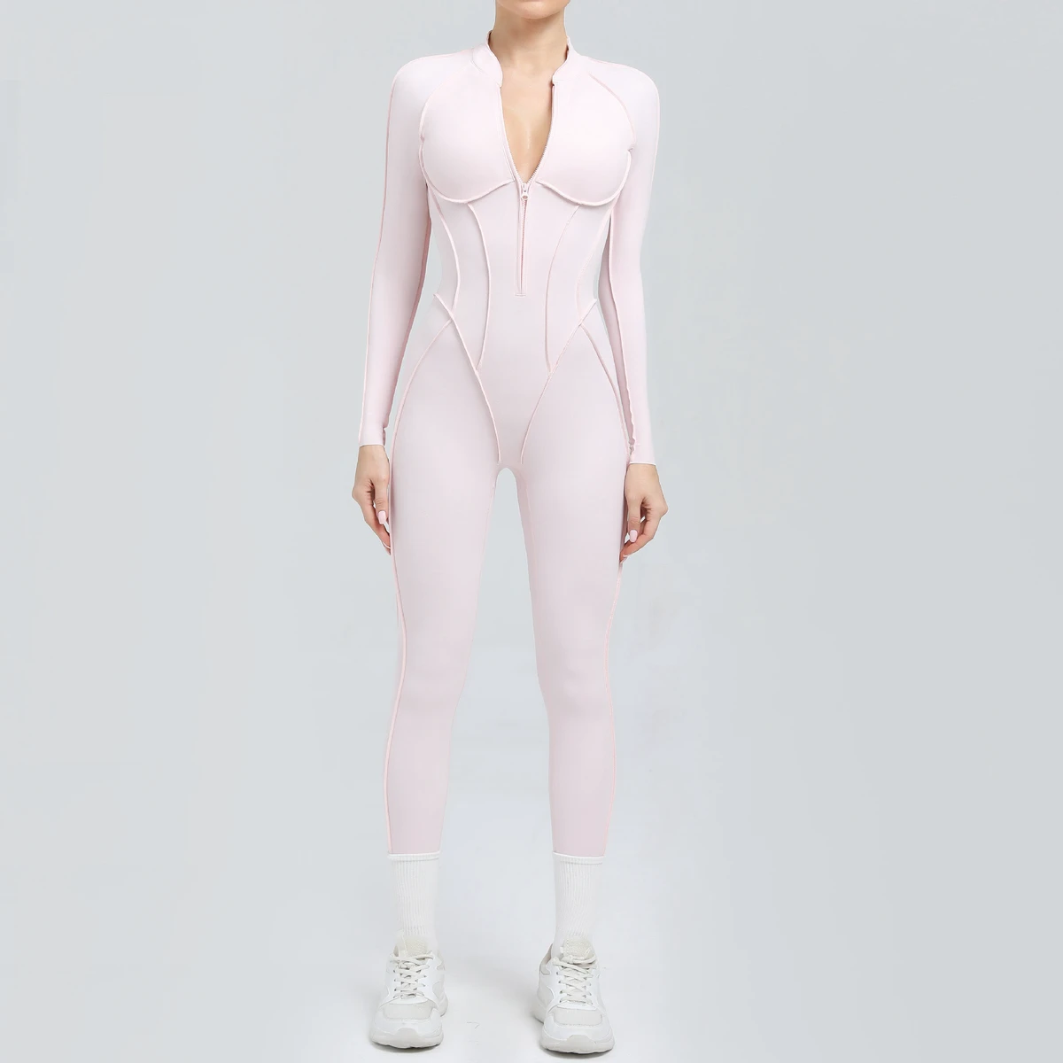 Long Sleeves Quick-Dry Four-Way Stretch Eco-Friendly Fitness One-Piece Patchwork Halter Neck V-Neck Yoga Jumpsuit