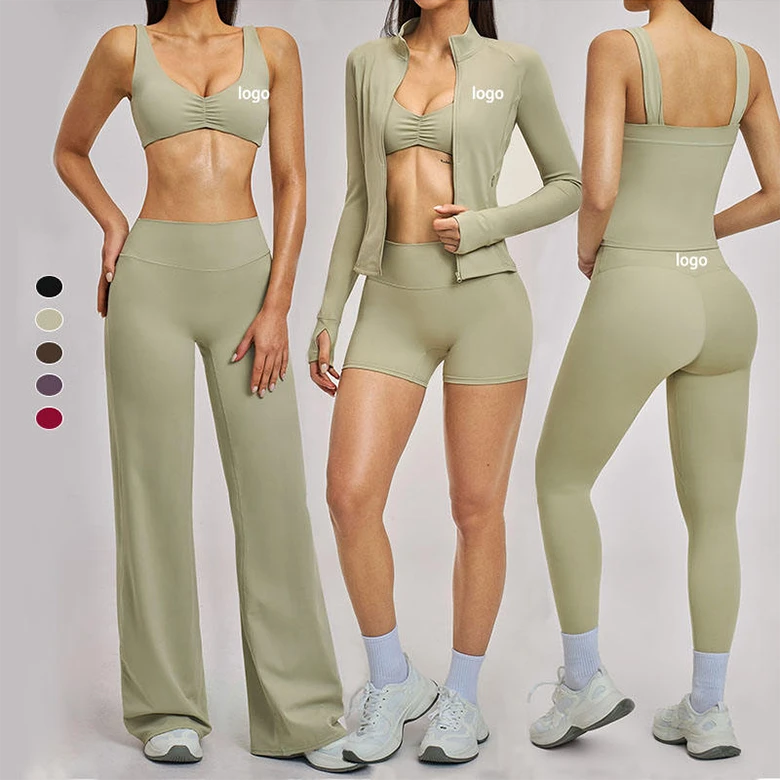 Custom High Quality 6 Piece Fitness Brushed Sportswear Gym Sets Tight Flare Leggings Activewear Bra Women Workout Wear Yoga Sets