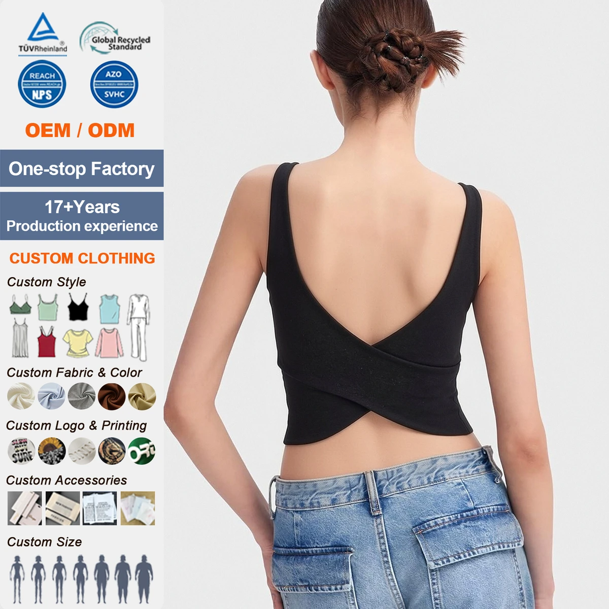 Custom Wholesale Women's Backless Short Crop Top Built-in Bra Padded White Tank Top Ribbed Cotton Spandex Front High Stretch
