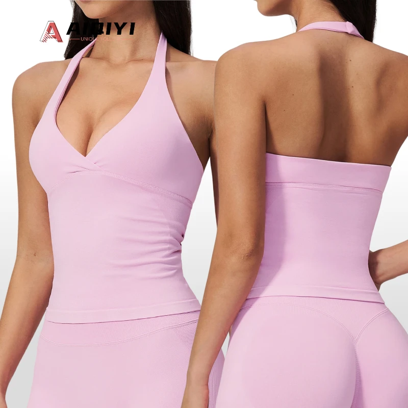 2557 Seamless V-Neck Solid Slim-Fit Tank Top Enhances Back ShapeQuick-Drying Running Fitness Women's Yoga Tops