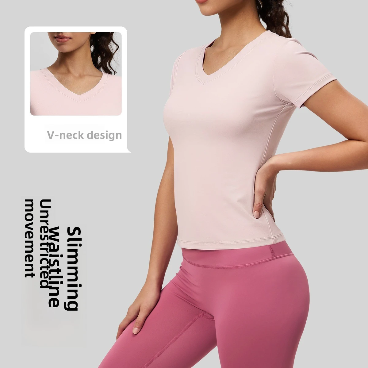 New Peach Basic V-neck Short-sleeved Spandex/Polyester Tight-fitting Breathable Slim Yoga Top for Women