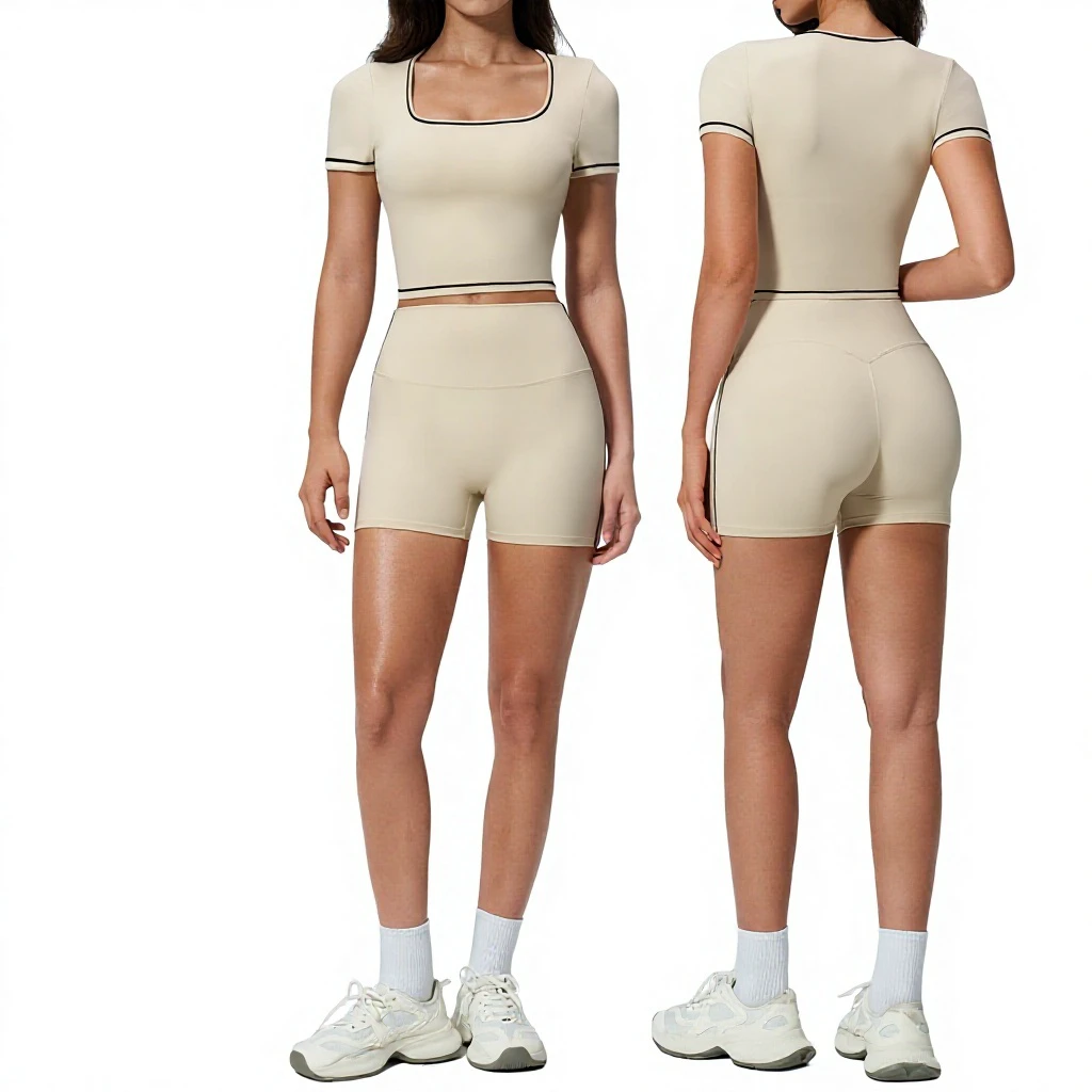 Europe United States Summer New Yoga 4-Piece Set Women's Hip Tight High-Waisted Print/Solid Fitness Shorts Sports Quick-Drying