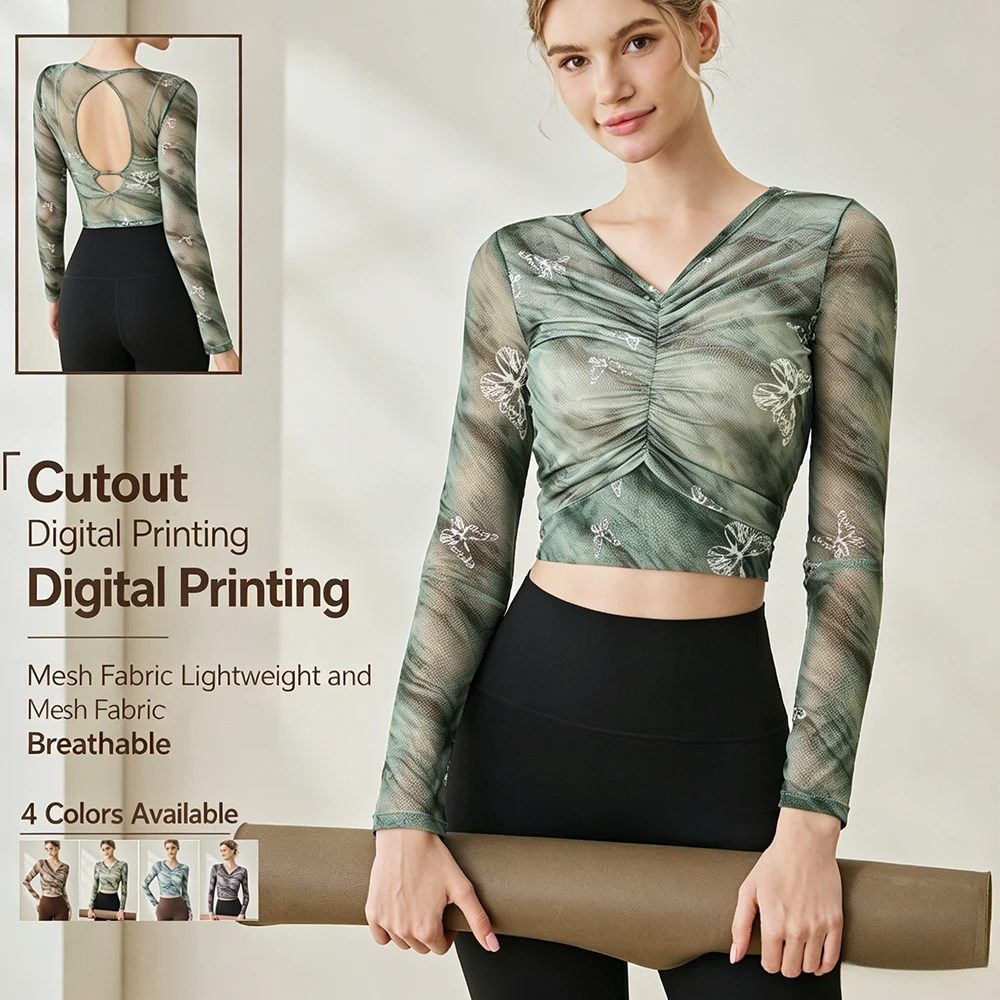 Women's Breathable Quick Dry Tie-Dye Butterfly Mesh Yoga Top V-Neck Ruched Long Sleeve Sheer Fitness Crop Top for Gym Workouts