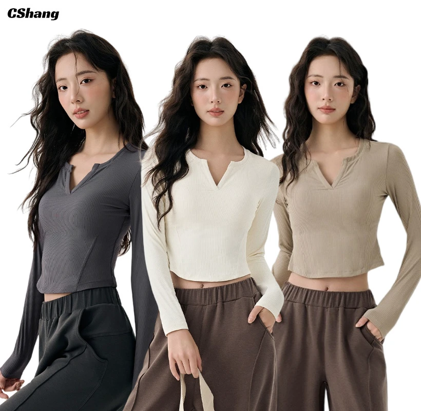 Chongshang Plus Size Four-Way Stretch Elastic Sportswear Tops Breathable Gym Fitness Slim Fit Ribbed Fabric Long Sleeve Yoga