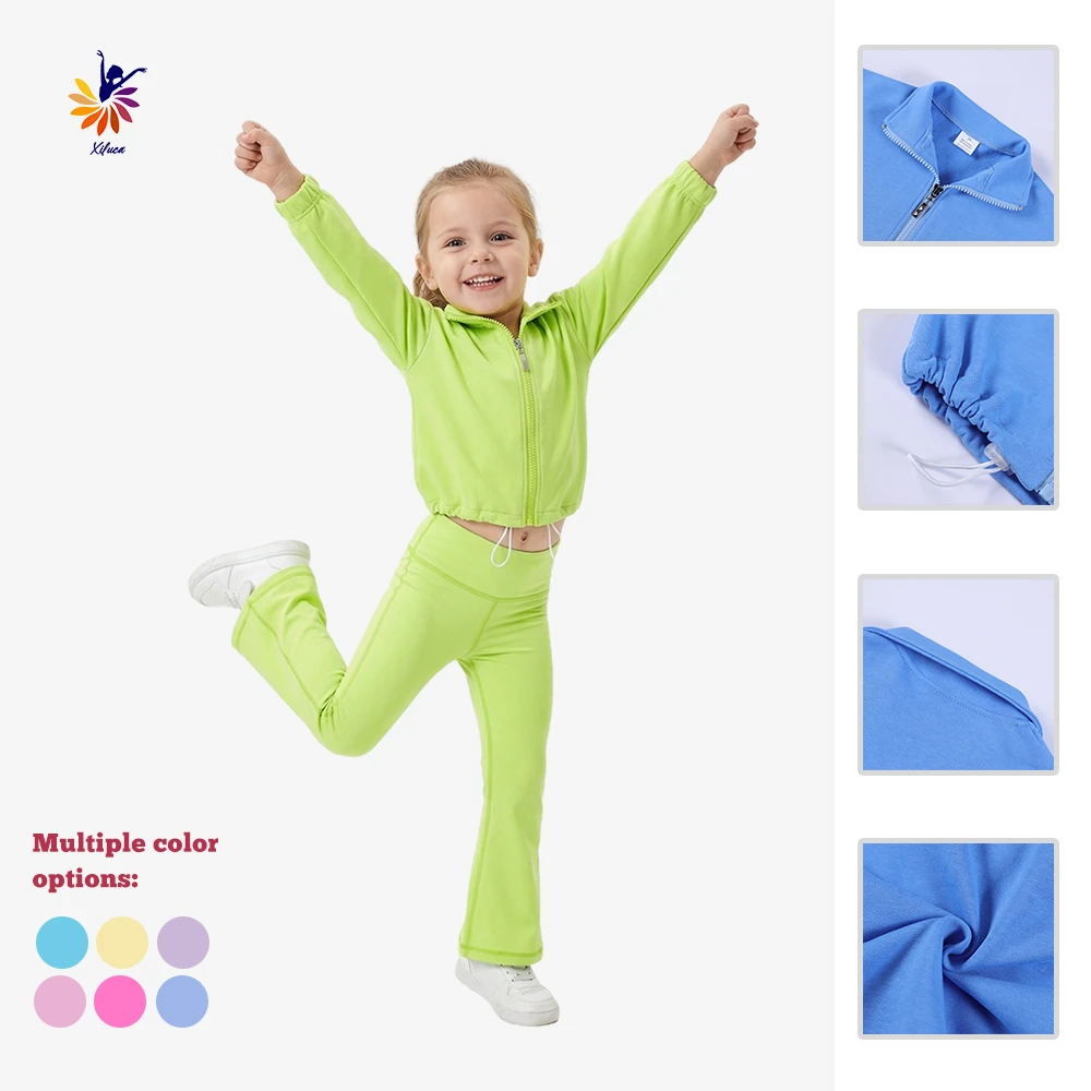 Girls Daily Yoga Set Slim Fit Full Zip Top Drawstring Hem Tight Flared Pants Active Casual