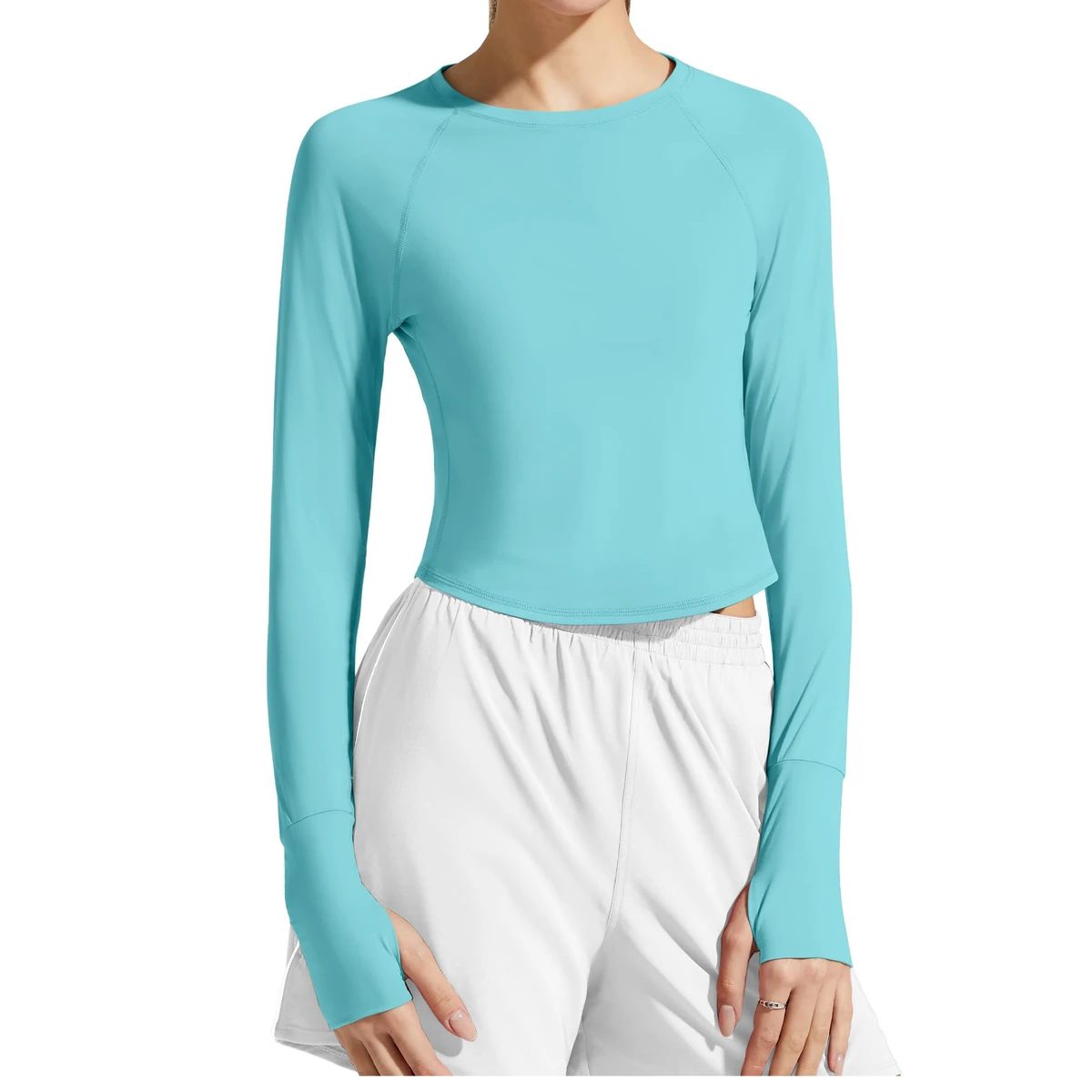 Women's Solid Front Long Sleeve Full Length Yoga Activewear Compression Shirt Breathable Eco-Friendly Fitted Elastic Waist Crew