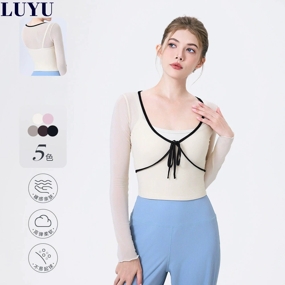 Elegant Mesh Panel 2 in 1 Long Sleeve Yoga Top for Women Bow Padded Gym Fitness Luxury Pilates Tops